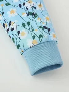 Detail shot of women's light blue floral padded jacket sleeve with cozy ribbed knit cuffs.