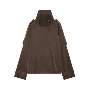 Brown double-breasted short trench coat detail, high stand collar and button accents.