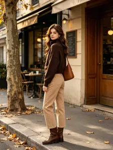 Women brown turtleneck cardigan sweater with khaki jeans, retro autumn street fashion look.