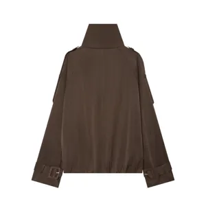 Womens brown short trench coat, elegant stand collar design with stylish cuff belts for autumn winter fashion.