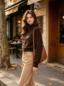 Detail shot of a brown knit cardigan sweater featuring a high collar and chic retro buttons.