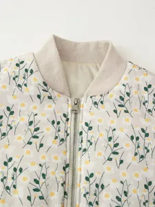 Women floral print cotton padded jacket detail view, stylish casual bomber coat with zip.