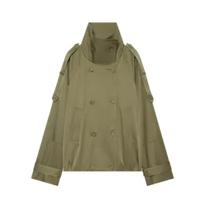 Detailed view of the women's olive green stand collar double-breasted short trench coat.