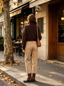 Women brown turtleneck cardigan sweater with khaki trousers, stylish autumn street style outfit.