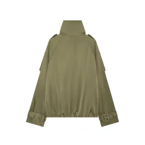 Women olive green short trench coat detail, stand collar, stylish epaulets and belted cuffs.