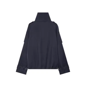 Detail view of dark stand collar short jacket back design with buckled cuffs and epaulets