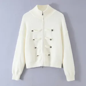Women's white knit zip-up cardigan featuring metallic buttons and chic decorative loops.