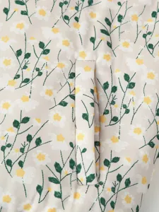 Detailed close-up view of women's floral printed padded jacket fabric and pocket design.