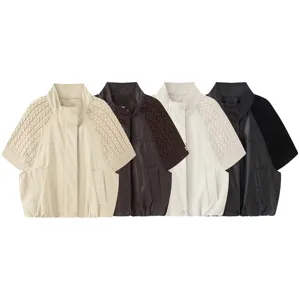 Giacca da Donna alla Moda in Ecopelle PU Con Inserti in Maglia a Costine Collo Alto Manica Corta Giubbotto Biker Casual Streetwear Top