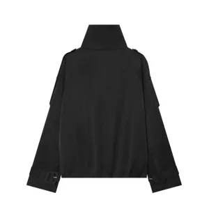 Back detail view of women short trench coat jacket, featuring high stand collar and cuff buckle.