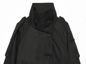 Black trench coat collar detail, high standing collar with double-breasted buttons and epaulets.
