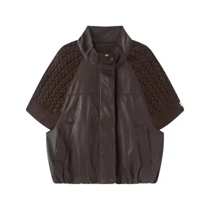 Giacca donna pelle marrone inserti in maglia manica corta collo alto casual dettaglio