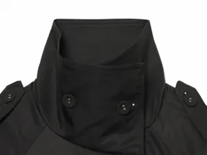 Close up view of the black trench coat collar showing double breasted buttons and details.