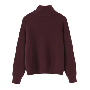 Classic burgundy turtleneck sweater for women, cozy knit pullover with ribbed cuffs and hem.