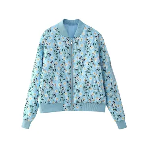 Women's light blue floral print bomber jacket casual stylish autumn outerwear with zip closure.
