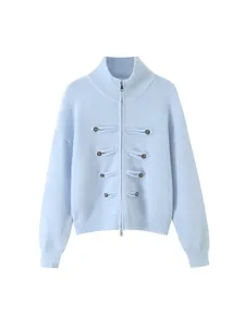 Light blue knit cardigan with high collar zip front and military style knot closures for women.