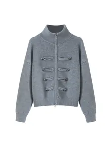 Grey high mock neck zip-up knit cardigan sweater with vintage decorative buttons and loops.