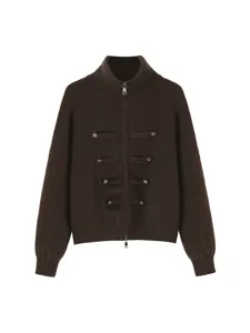 Women brown high neck zip cardigan sweater with military style button loops and sleeves.
