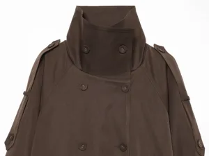 Close-up detail of women's dark brown trench coat featuring high stand collar and double-breasted.