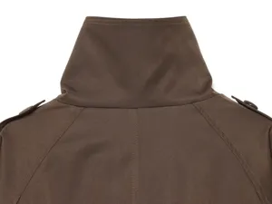 Close-up view of the stylish stand collar and shoulder detail on a classic brown trench coat.