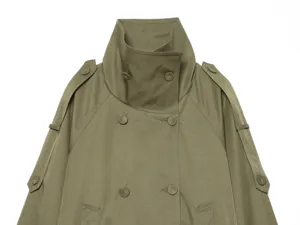 Close-up detail of women olive green short trench coat featuring stand collar and buttons
