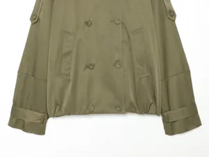 Olive green short trench coat detail, double breasted button front, stylish stand collar jacket.