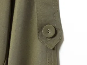 Close-up detail of women trench coat sleeve strap, fabric covered button, and fine stitching.