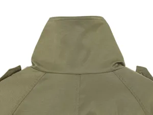 Green trench coat detail shot, women's stand collar jacket back view showing fine craftsmanship.