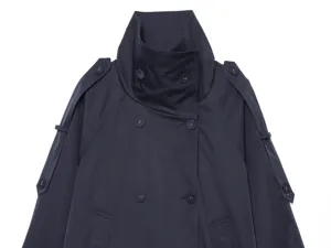 Women's navy blue double breasted short trench coat with stand collar and epaulets.