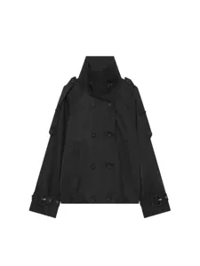 Women black short trench coat stylish stand collar double breasted autumn outerwear apparel