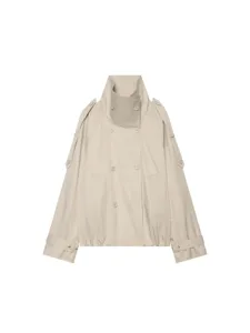 Women beige cropped double breasted trench coat with high collar stylish outerwear for autumn