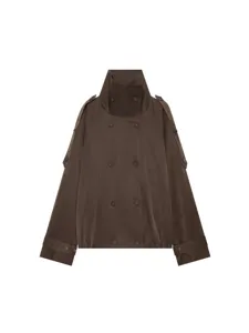 Women's brown short trench coat with high collar and double-breasted buttons for autumn.