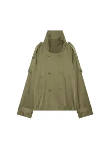 Olive green short trench coat for women, stylish stand collar and double-breasted design.