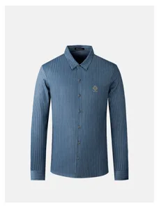 Detailed view of the men's striped long-sleeve shirt, featuring refined collar and chest embroidery.
