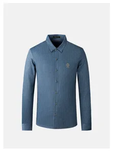 Men's long sleeve striped casual shirt detail, classic lapel and single breasted design.