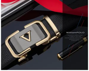 Men's automatic leather belt with stylish metal V buckle luxury business casual design.