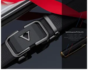 WilliamPOLO men's genuine leather automatic buckle belt with stylish metal V design.