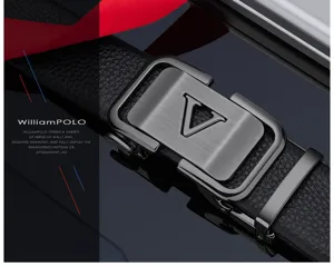 Men's black leather belt with automatic metal buckle, stylish detail shot for daily wear.