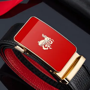 Heren Echt Lederen Riem Automatische Gesp Business Casual Riem Dierenriem Konijn Patroon Geschenkdoos