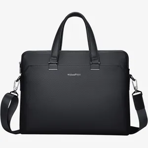 Maletín de cuero negro para hombre bolso de negocios para ordenador con correa ajustable.