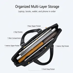 Maletín de negocios de cuero negro para hombre, bolsa para portátil con múltiples compartimentos.