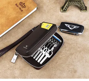 Llavero de cuero genuino para hombre estuche multifuncional para llaves de coche