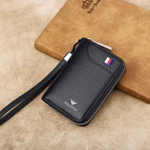 Monedero llavero de cuero genuino para hombre con correa de muñeca, tarjetero multifuncional.