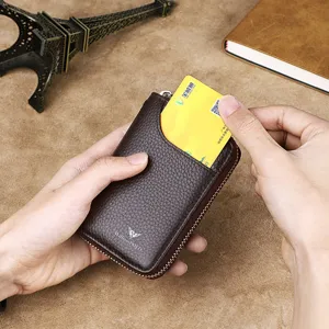 Estuche de cuero genuino para llaves de hombre monedero multifuncional marrón