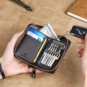 Estuche de cuero genuino para hombre llavero cartera multifuncional con tarjeteros marron.