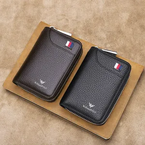 Monedero llavero de cuero genuino para hombre multifuncion con cremallera negro marron