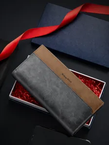 William Polo cartera larga hombre de cuero PU negocios informal bicolor con caja de regalo elegante