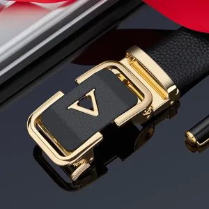Men's luxury automatic buckle leather belt with gold metal hardware and classic black strap.
