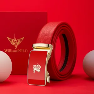 WilliamPOLO rode heren riem van echt leer met gouden automatische gesp en mooie geschenkdoos