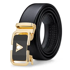 Men's leather belt with gold automatic buckle, stylish black strap for business and casual wear.